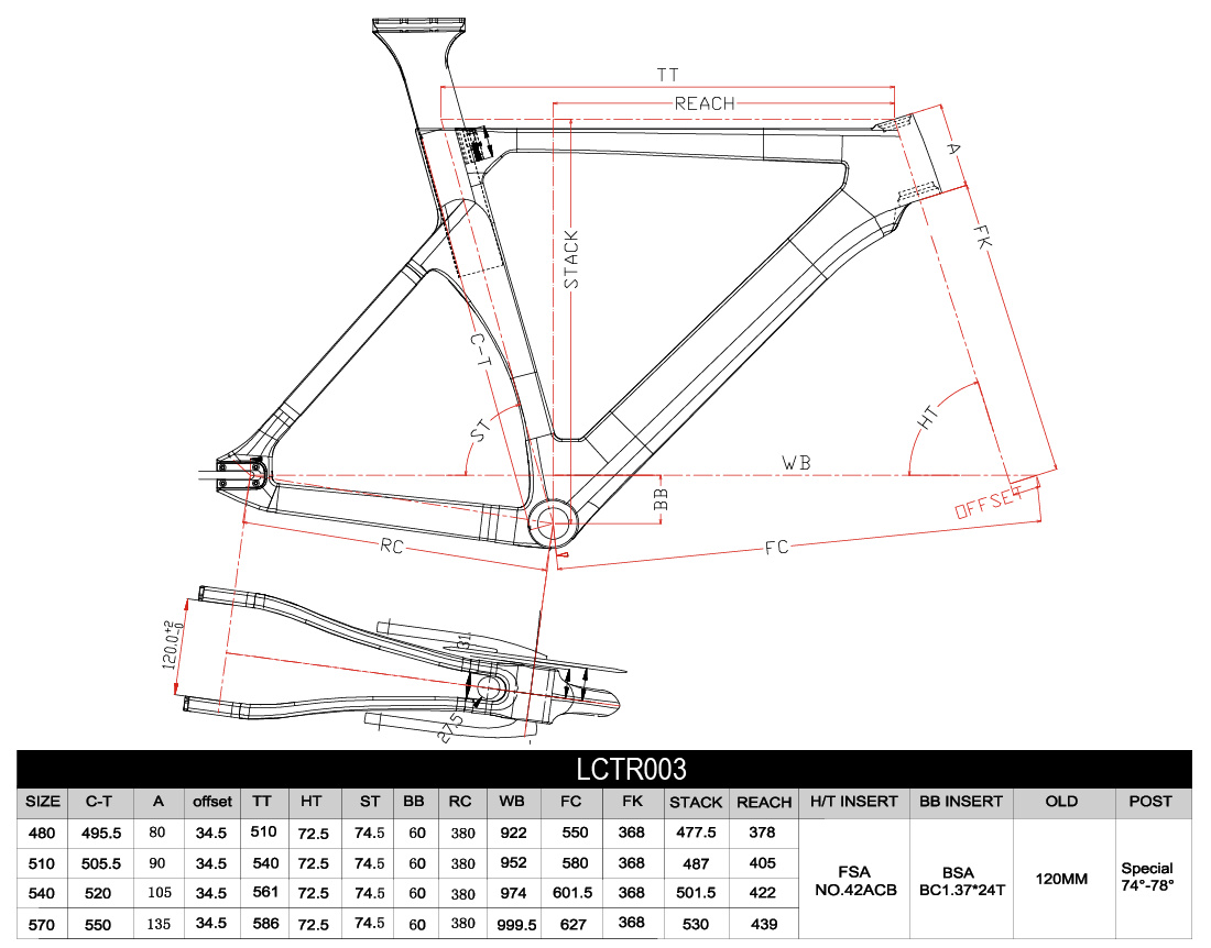 Carbon Track Bike Frame LCTR003 Geometry
